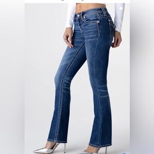 Miss Me Dark Blue Flare Jeans with Contrast Stitching